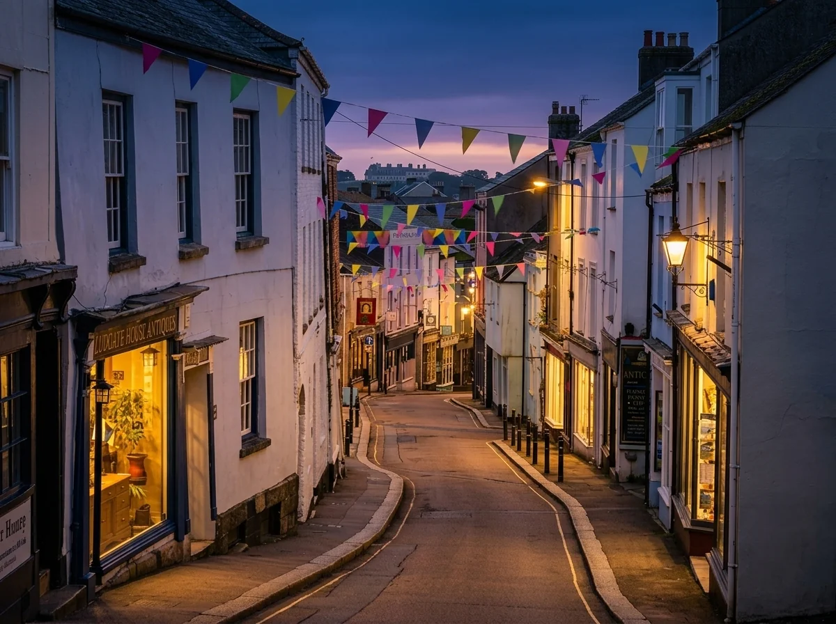 Falmouth High Street and historic shops at twilight dusk with festive bunting and warm glowing lanterns