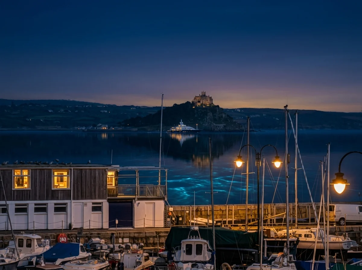 Penzance Harbour and Mount's Bay at twilight dusk with St Michael's Mount across the water