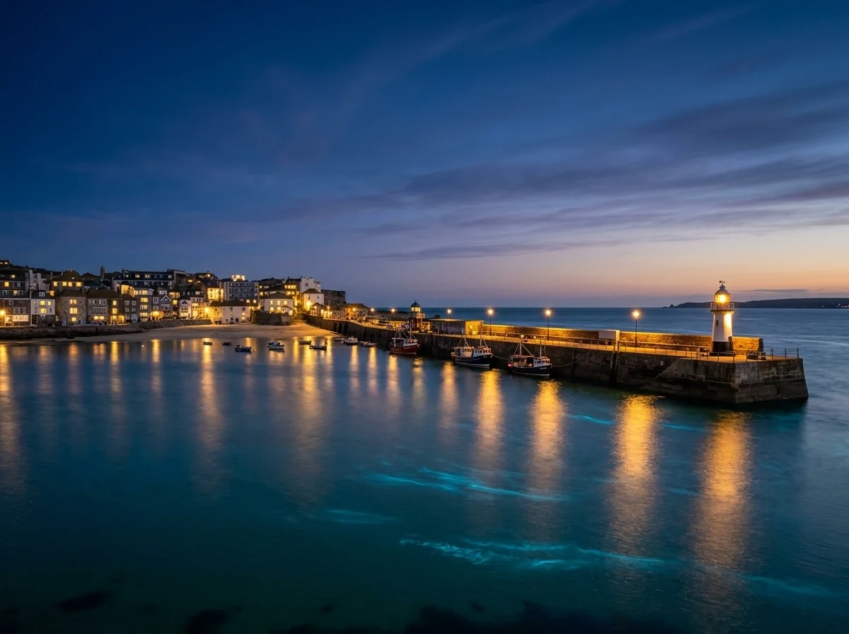St Ives Harbour and Smeaton's Pier lighthouse at twilight dusk in Cornwall