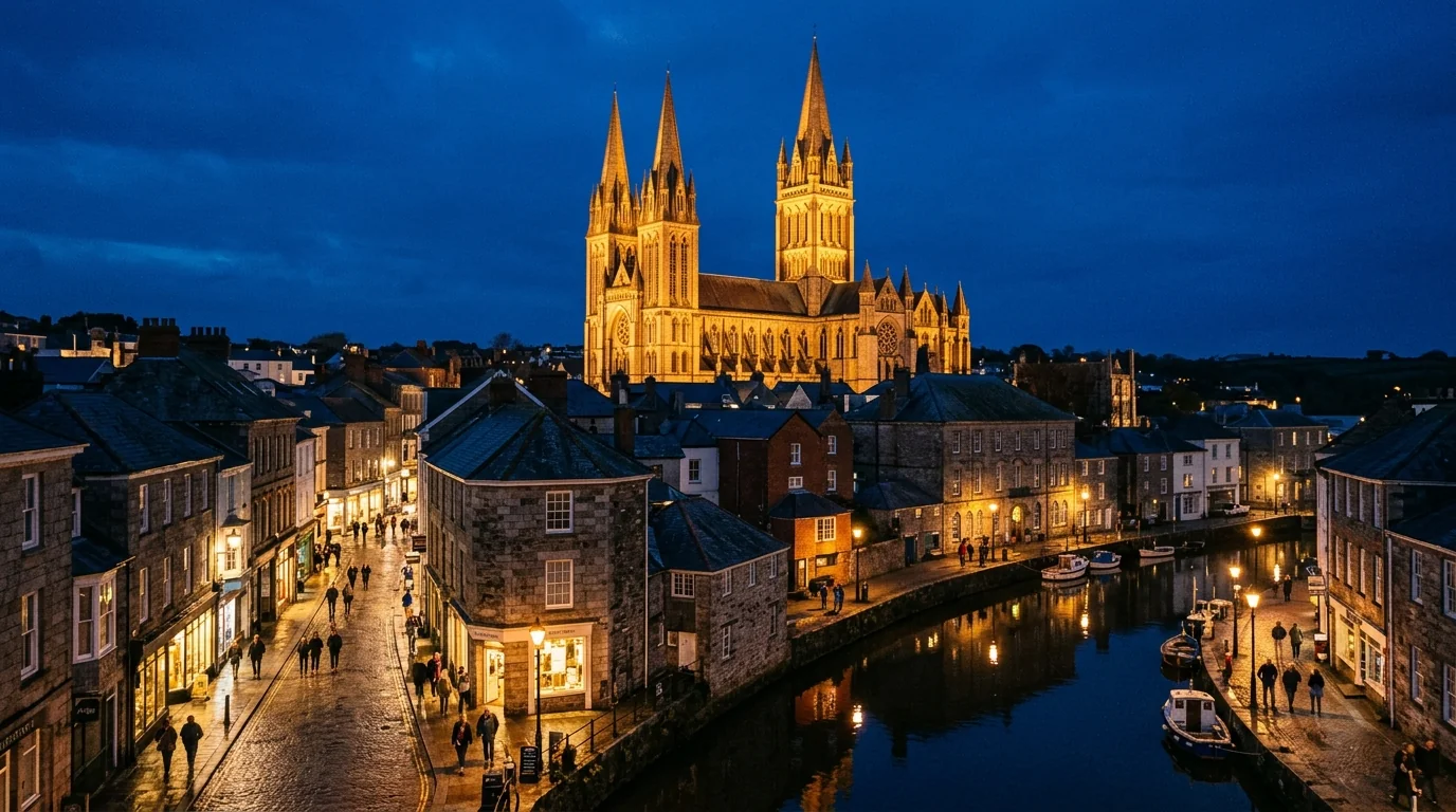 Truro Cathedral spires and River Kenwyn at twilight dusk